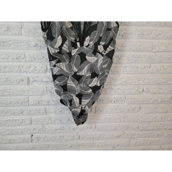 Time Tru Womens Swimsuit XL One Piece Black White Floral Mesh Plunge FLO335E - Picture 3 of 11